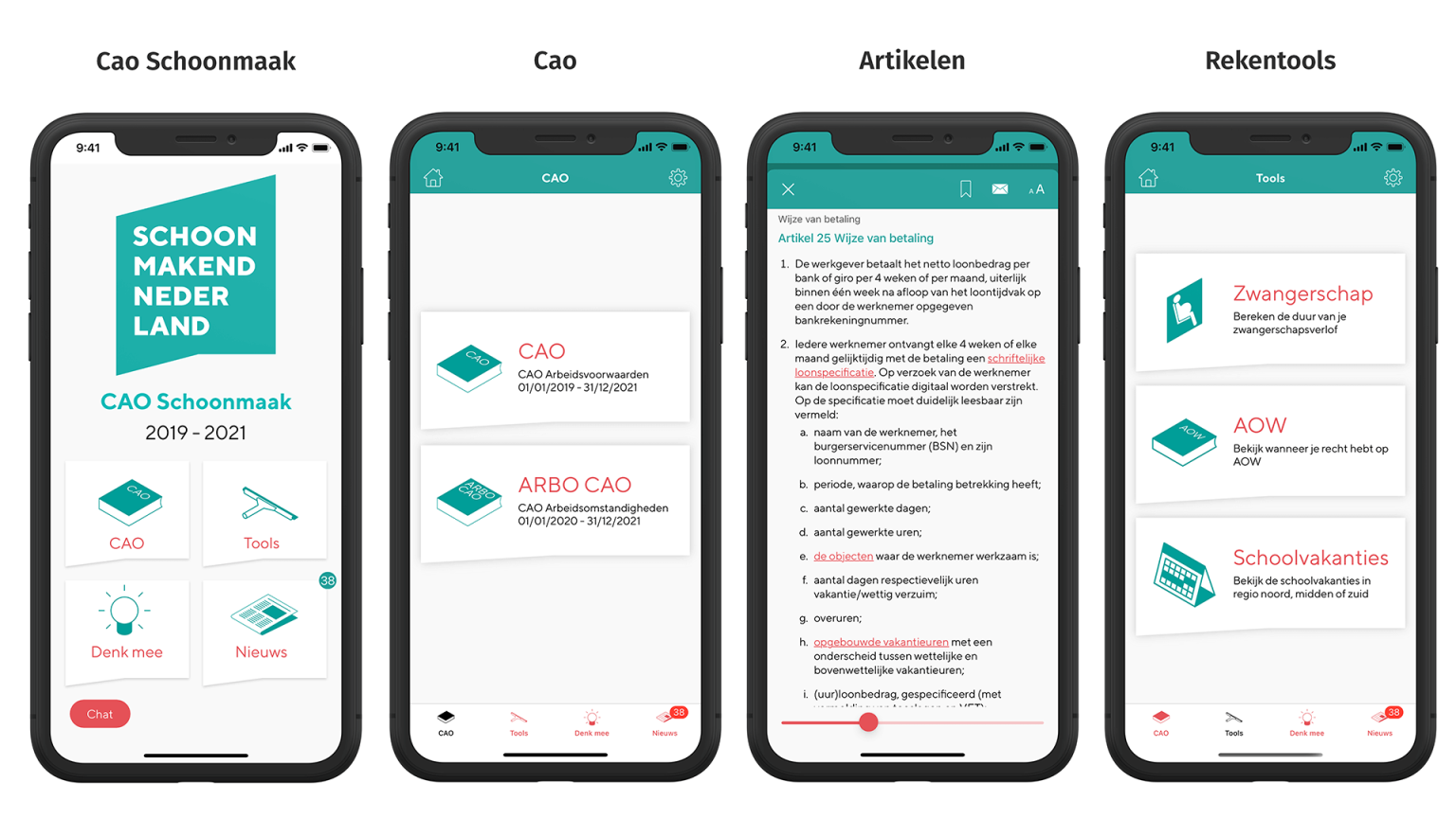 Afbeelding van vier telefoons met de CAO Schoonmaak app