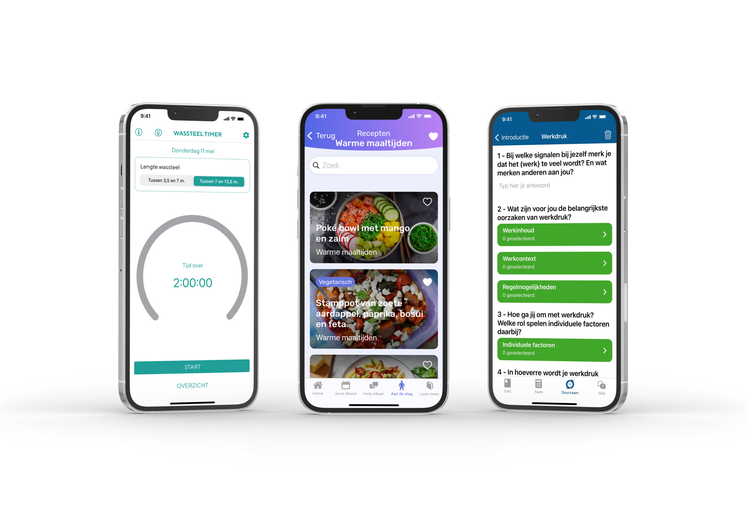 Image of three phones with the Wassteel app, Goedenacht StAZ app and Cao Huisartsenzorg app