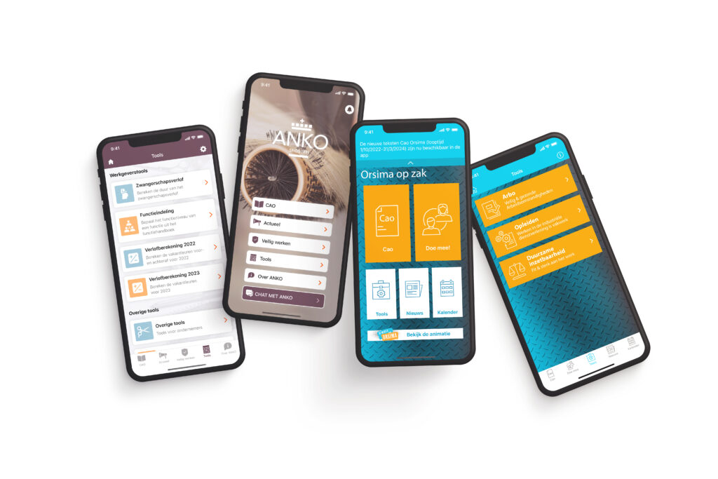 Afbeelding van vier telefoons met de ANKO Ondernemers app en Orsima op zak app