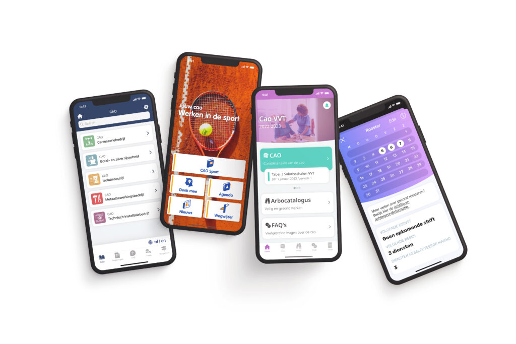 Afbeelding van vier telefoons met de CAO Metaal en Techniek app, Werken in de sport app, CAO VVT app en Goedenacht StAZ app